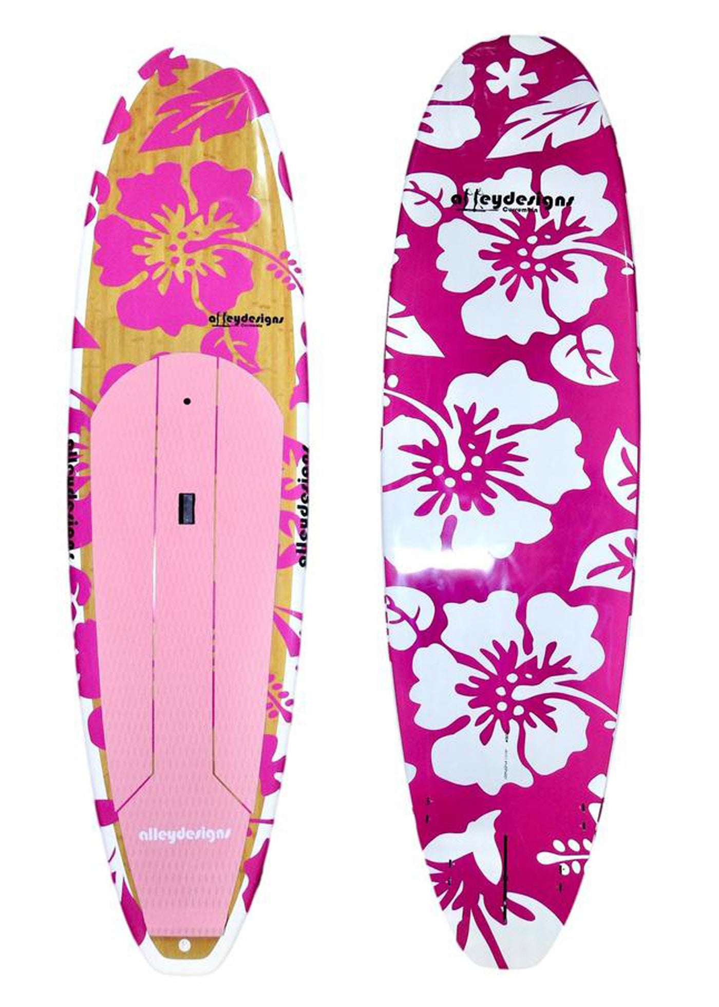 10' x 32" Bamboo Deck Classic Pink Hibiscus  Alleydesigns SUP@ 9kg - Alleydesigns  Pty Ltd                                             ABN: 44165571264