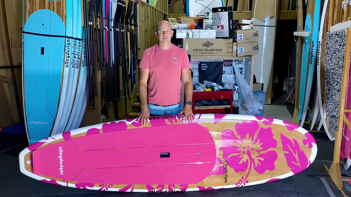 10' x 32" Bamboo Deck Classic Pink Hibiscus  Alleydesigns SUP