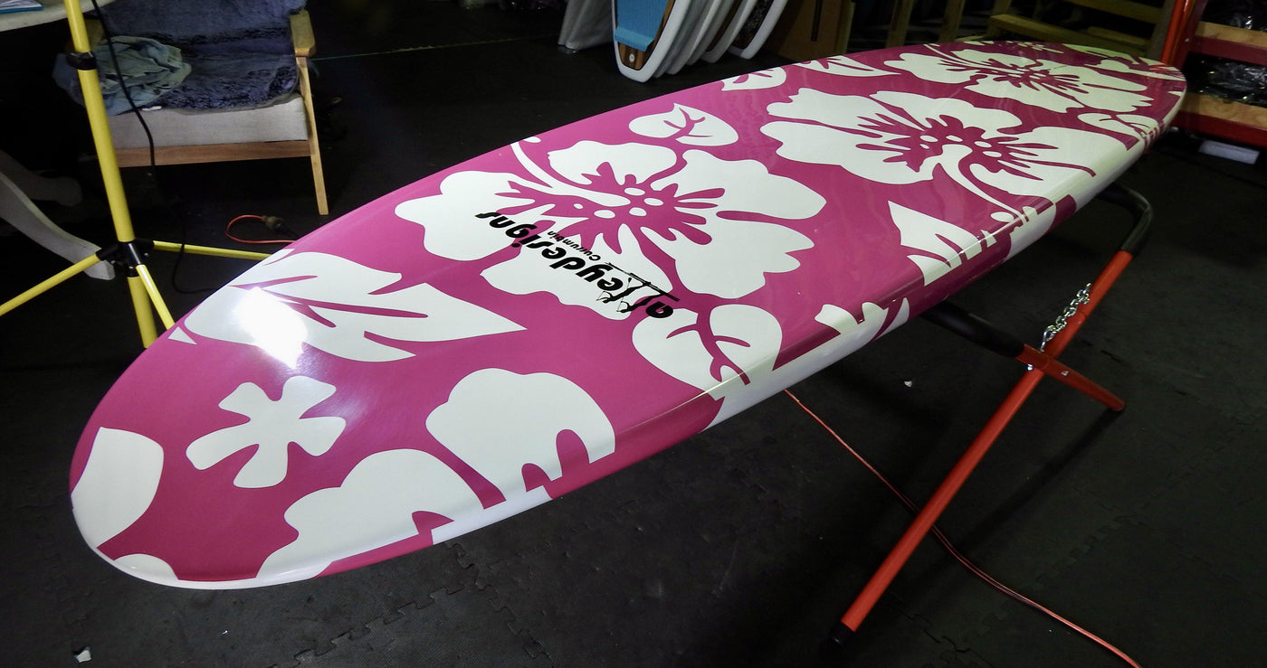 10' x 32" Bamboo Deck Classic Pink Hibiscus  Alleydesigns SUP@ 9kg - Alleydesigns  Pty Ltd                                             ABN: 44165571264