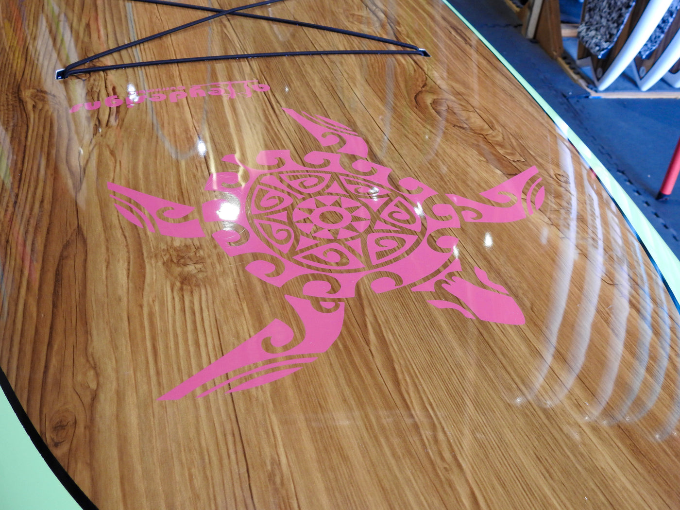 10’6” x 32” Timber Look Mint & Pink Turtle Thermo Mould Alleydesigns SUP - Alleydesigns  Pty Ltd                                             ABN: 44165571264