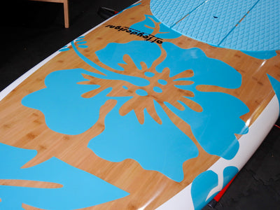 10' x 32" Bamboo Deck Teal Hibiscus Flowers Performance Alleydesigns SUP @ 9kg - Alleydesigns  Pty Ltd                                             ABN: 44165571264