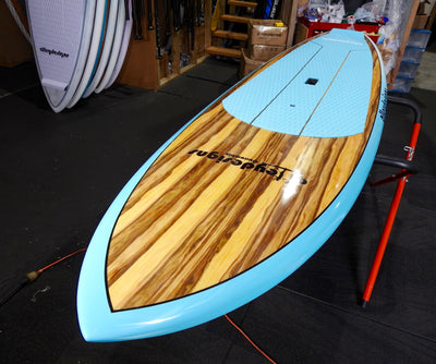 9'6" x 31" Timber & Teal Rails Performance Alleydesigns SUP 8KG - Alleydesigns  Pty Ltd                                             ABN: 44165571264