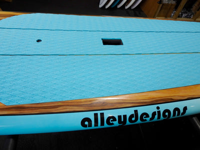 9'6" x 31" Timber & Teal Rails Performance Alleydesigns SUP 8KG - Alleydesigns  Pty Ltd                                             ABN: 44165571264